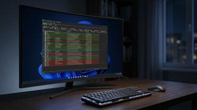 Monitor de ordenador en un escritorio oscuro que muestra la interfaz de la herramienta Autoruns de Microsoft sobre el escritorio de Windows 11.