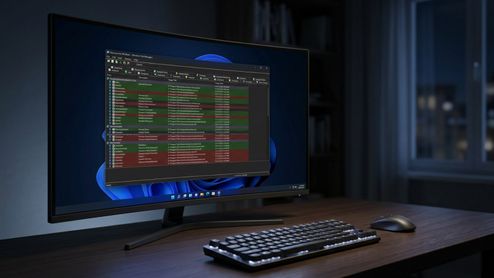 Monitor de ordenador en un escritorio oscuro que muestra la interfaz de la herramienta Autoruns de Microsoft sobre el escritorio de Windows 11.