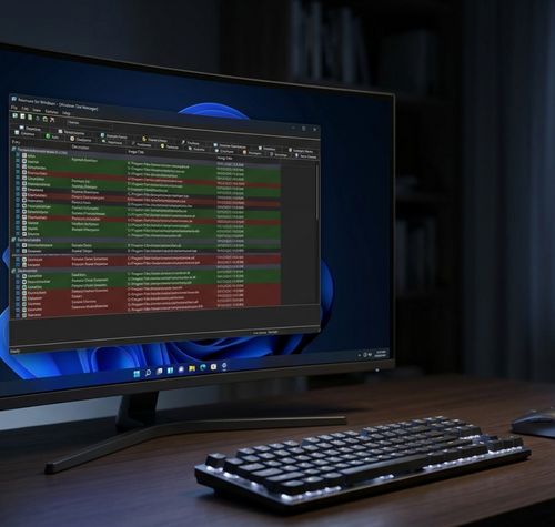 Monitor de ordenador en un escritorio oscuro que muestra la interfaz de la herramienta Autoruns de Microsoft sobre el escritorio de Windows 11.