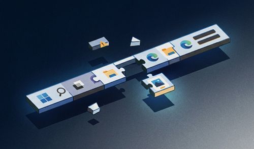 Ilustración conceptual de la barra de tareas de Windows 11 representada como piezas de un rompecabezas desajustadas y flotantes.