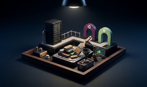 Maqueta tridimensional que representa la limpieza de datos en un disco duro con una brocha, junto a logotipos de Ubuntu y openSUSE.