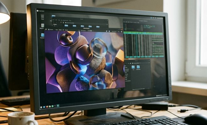 Monitor de ordenador mostrando una sesión de trabajo en Linux con una aplicación de diseño 3D y varias ventanas de terminal y gestión de archivos sobre un escritorio de madera.