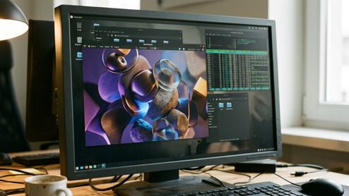 Monitor de ordenador mostrando una sesión de trabajo en Linux con una aplicación de diseño 3D y varias ventanas de terminal y gestión de archivos sobre un escritorio de madera.