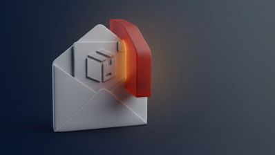 Representación tridimensional de un sobre abierto con un documento que muestra un icono de paquete y un elemento de bloqueo rojo.
