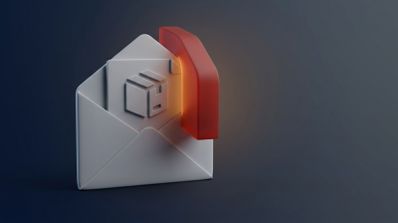 Representación tridimensional de un sobre abierto con un documento que muestra un icono de paquete y un elemento de bloqueo rojo.