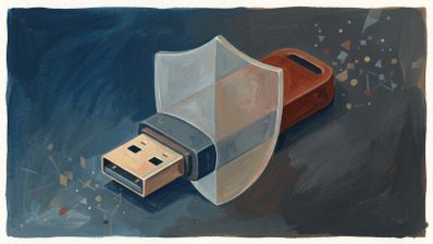 Ilustración de una memoria USB protegida por un escudo transparente en un entorno digital.