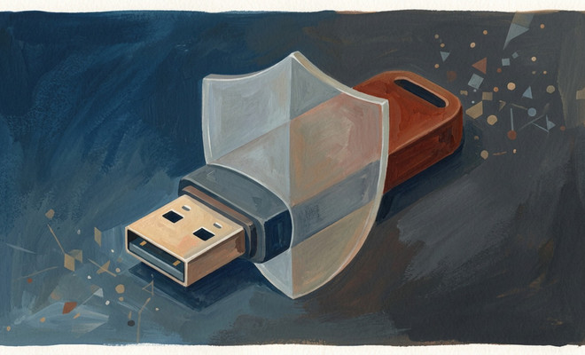 Ilustración de una memoria USB protegida por un escudo transparente en un entorno digital.