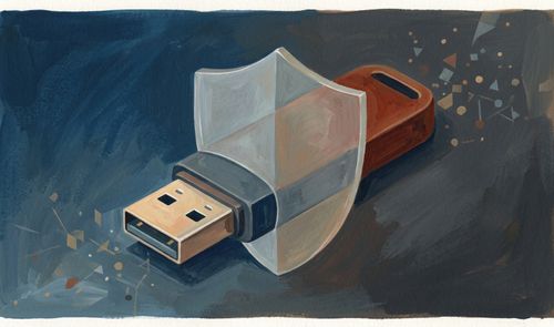 Ilustración de una memoria USB protegida por un escudo transparente en un entorno digital.