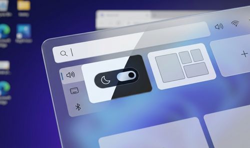 Interfaz conceptual de la búsqueda de Windows 11 con interruptores para el modo oscuro y la disposición de ventanas.
