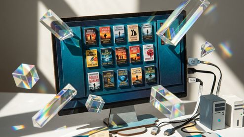 Maqueta artística de un monitor mostrando una biblioteca digital de libros electrónicos rodeada de prismas de cristal.