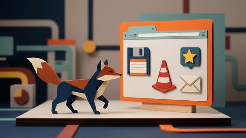 Maqueta de papel de un zorro frente a una ventana de navegador con iconos clásicos de internet.