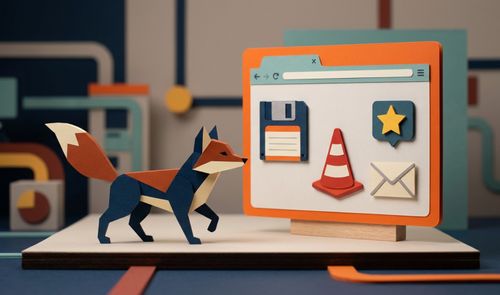 Maqueta de papel de un zorro frente a una ventana de navegador con iconos clásicos de internet.