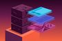 Representación abstracta de capas de software sobre un núcleo modular en tonos violeta y naranja.