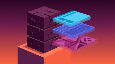 Representación abstracta de capas de software sobre un núcleo modular en tonos violeta y naranja.
