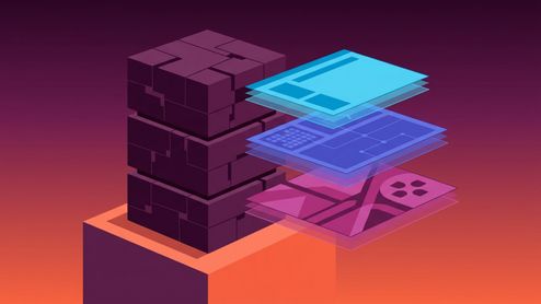 Representación abstracta de capas de software sobre un núcleo modular en tonos violeta y naranja.