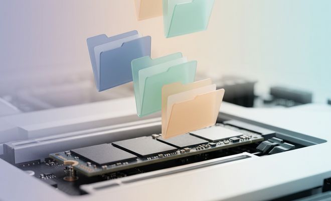 Ilustración conceptual de una unidad SSD con iconos de carpetas de colores flotando sobre los módulos de memoria.