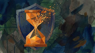 Ilustración de un reloj de arena rompiéndose frente a un escudo azul sobre un fondo con patrones de circuitos electrónicos.
