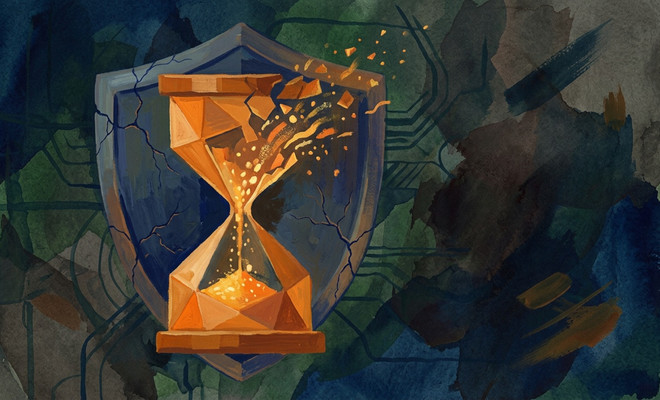 Ilustración de un reloj de arena rompiéndose frente a un escudo azul sobre un fondo con patrones de circuitos electrónicos.