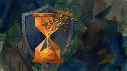Ilustración de un reloj de arena rompiéndose frente a un escudo azul sobre un fondo con patrones de circuitos electrónicos.