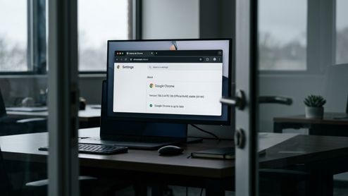 Monitor de ordenador en una oficina mostrando la ventana de información de Google Chrome con la versión 156.0.6478.138 instalada.