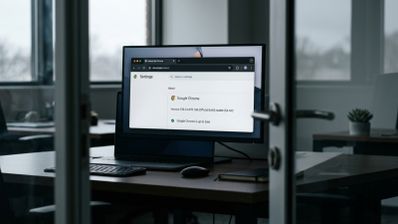 Monitor de ordenador en una oficina mostrando la ventana de información de Google Chrome con la versión 156.0.6478.138 instalada.