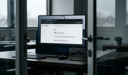 Monitor de ordenador en una oficina mostrando la ventana de información de Google Chrome con la versión 156.0.6478.138 instalada.