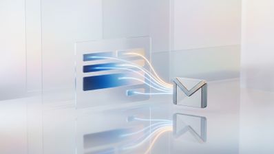 Ilustración conceptual de líneas de datos que conectan un icono de correo de Gmail con los campos de un formulario digital.