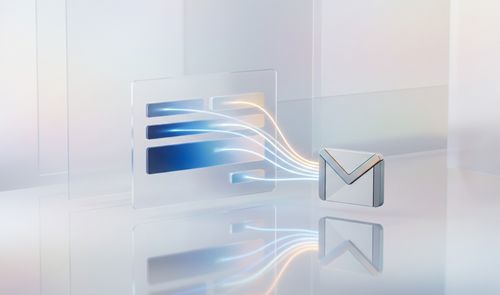 Ilustración conceptual de líneas de datos que conectan un icono de correo de Gmail con los campos de un formulario digital.