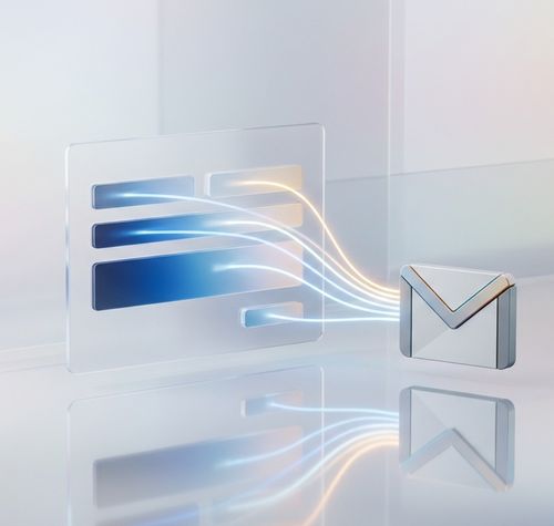 Ilustración conceptual de líneas de datos que conectan un icono de correo de Gmail con los campos de un formulario digital.