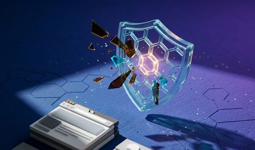 Representación conceptual de un escudo digital transparente protegiendo una ventana de navegador frente a fragmentos de cristal que impactan contra él.