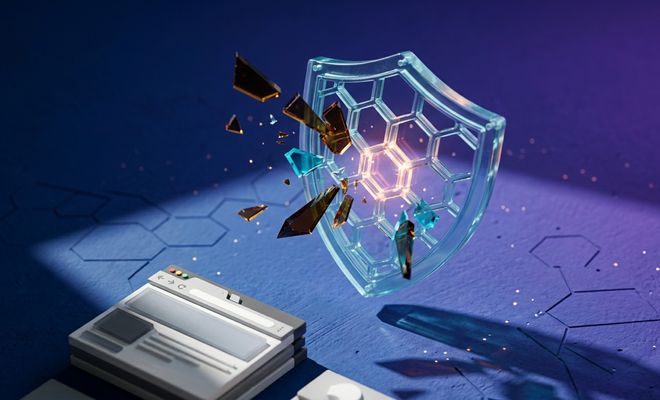 Representación conceptual de un escudo digital transparente protegiendo una ventana de navegador frente a fragmentos de cristal que impactan contra él.