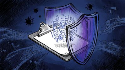 Ilustración de una carpeta de portapapeles protegida por un escudo transparente mientras procesa datos binarios frente a amenazas externas.