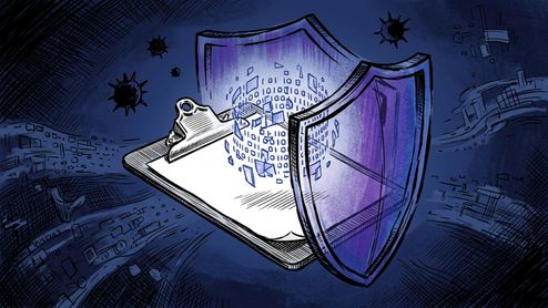 Ilustración de una carpeta de portapapeles protegida por un escudo transparente mientras procesa datos binarios frente a amenazas externas.