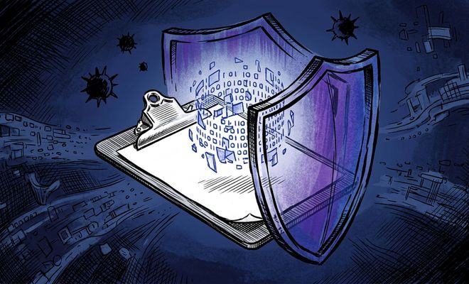 Ilustración de una carpeta de portapapeles protegida por un escudo transparente mientras procesa datos binarios frente a amenazas externas.