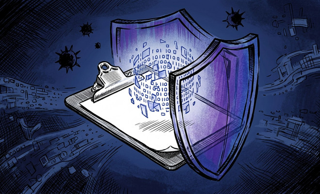 Ilustración de una carpeta de portapapeles protegida por un escudo transparente mientras procesa datos binarios frente a amenazas externas.