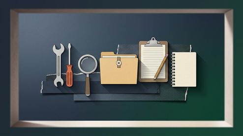 Ilustración de estilo plano con iconos de herramientas, lupa, carpeta y libretas sobre un fondo oscuro enmarcado.