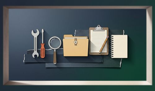 Ilustración de estilo plano con iconos de herramientas, lupa, carpeta y libretas sobre un fondo oscuro enmarcado.