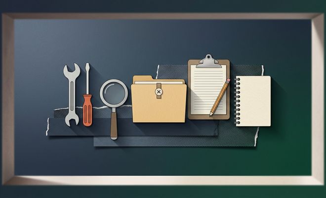 Ilustración de estilo plano con iconos de herramientas, lupa, carpeta y libretas sobre un fondo oscuro enmarcado.
