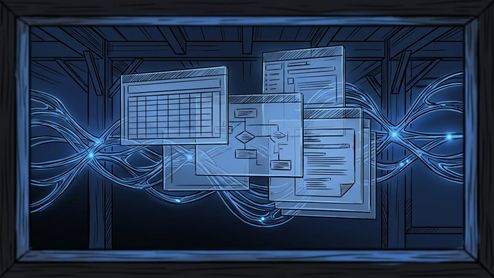 Ilustración conceptual de ventanas de software flotando sobre conexiones de datos luminosas en tonos azules.