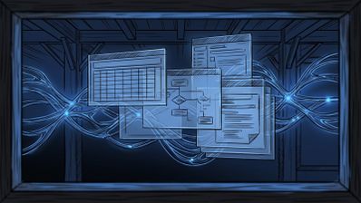 Ilustración conceptual de ventanas de software flotando sobre conexiones de datos luminosas en tonos azules.