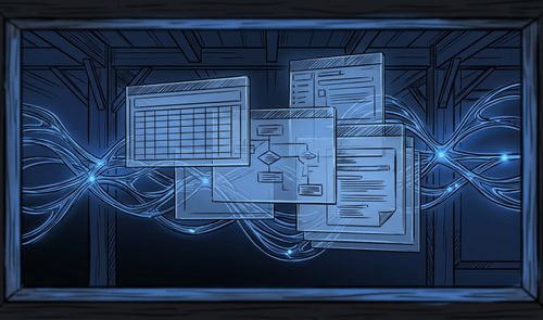 Ilustración conceptual de ventanas de software flotando sobre conexiones de datos luminosas en tonos azules.