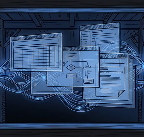 Ilustración conceptual de ventanas de software flotando sobre conexiones de datos luminosas en tonos azules.