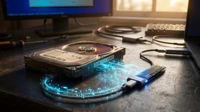 Disco duro mecánico abierto con etiquetas MASTER DATA y CLONEZILLA SOURCE conectado mediante cables con destellos de datos a una unidad SSD y a un portátil.