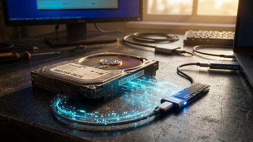 Disco duro mecánico abierto con etiquetas MASTER DATA y CLONEZILLA SOURCE conectado mediante cables con destellos de datos a una unidad SSD y a un portátil.