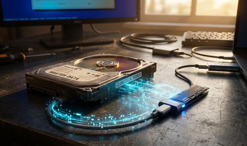 Disco duro mecánico abierto con etiquetas MASTER DATA y CLONEZILLA SOURCE conectado mediante cables con destellos de datos a una unidad SSD y a un portátil.