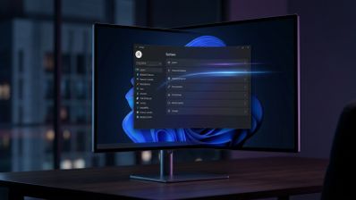 Monitor de escritorio que muestra el menú de Configuración de Windows 11 con un efecto de estela de luz sobre un fondo oscuro.