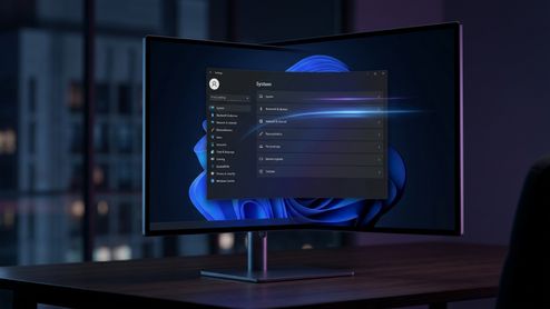 Monitor de escritorio que muestra el menú de Configuración de Windows 11 con un efecto de estela de luz sobre un fondo oscuro.