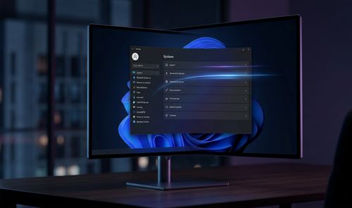 Monitor de escritorio que muestra el menú de Configuración de Windows 11 con un efecto de estela de luz sobre un fondo oscuro.