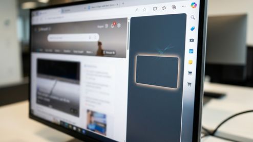 Primer plano de un monitor de ordenador mostrando el navegador Microsoft Edge con la barra lateral derecha abierta.