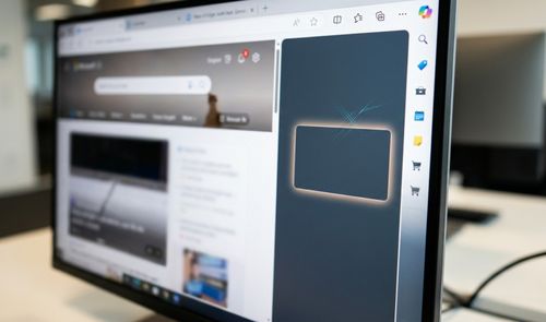 Primer plano de un monitor de ordenador mostrando el navegador Microsoft Edge con la barra lateral derecha abierta.